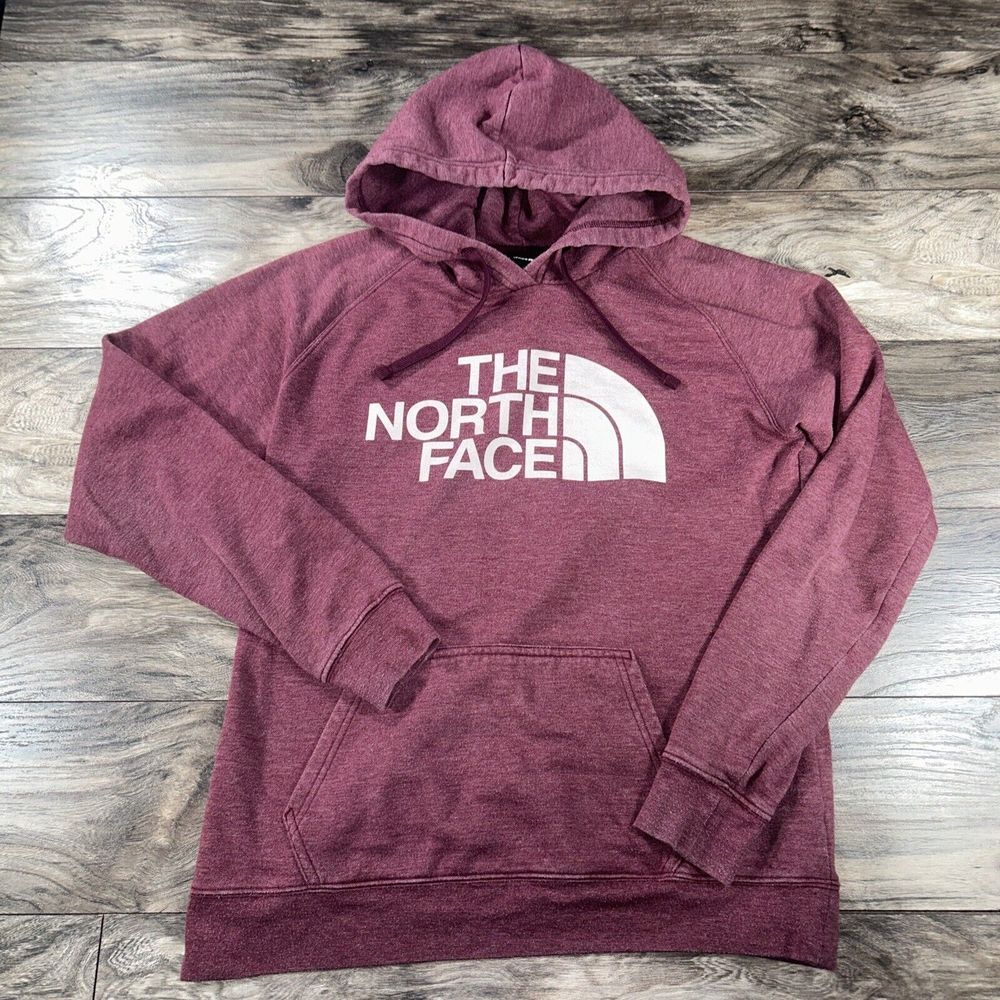 The North Face Hoodie Womens Medium Maroon Fleece Sweatshirt Spell Out Half Dome